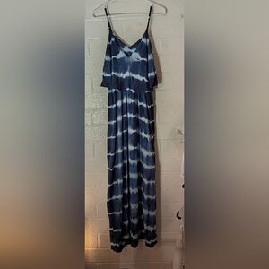 Blue And White Tie Dye Flowy Maxi Dress 100% Rayon